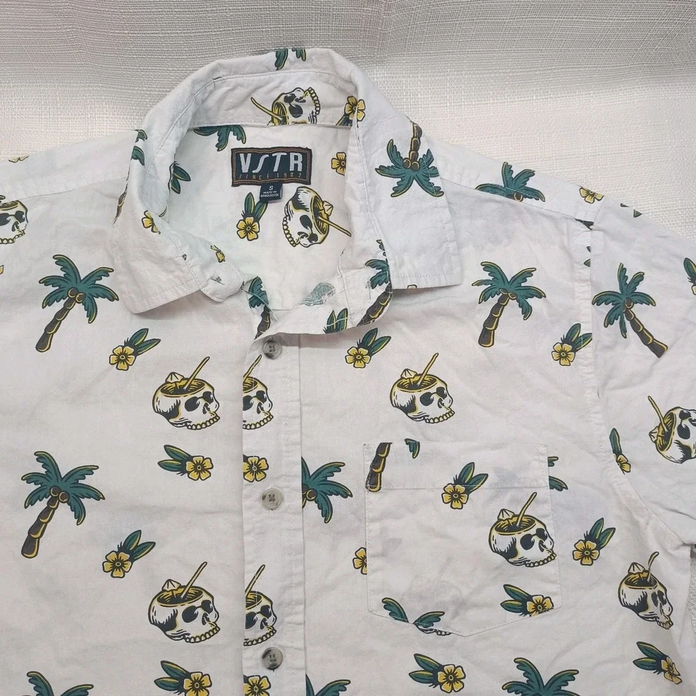 VSTR Men's‎ S Hawaiian Button Up Skulls Palm Trees Floral 100% Cotton Vacation